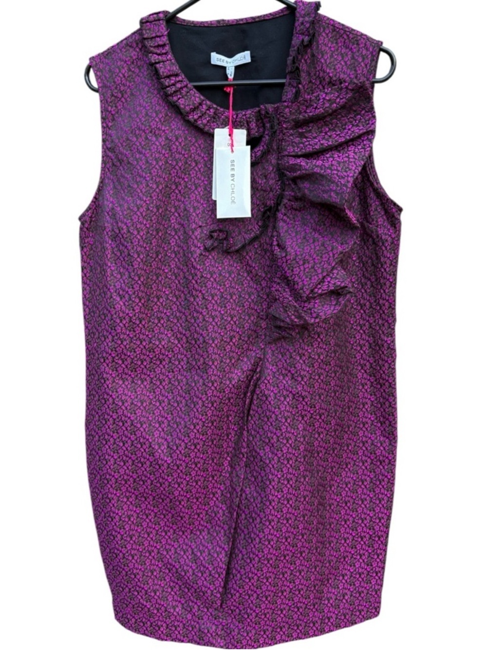 NWT SEE BY CHLOE Ruffled Zip Front Brocade Dress Purple Black Size 8